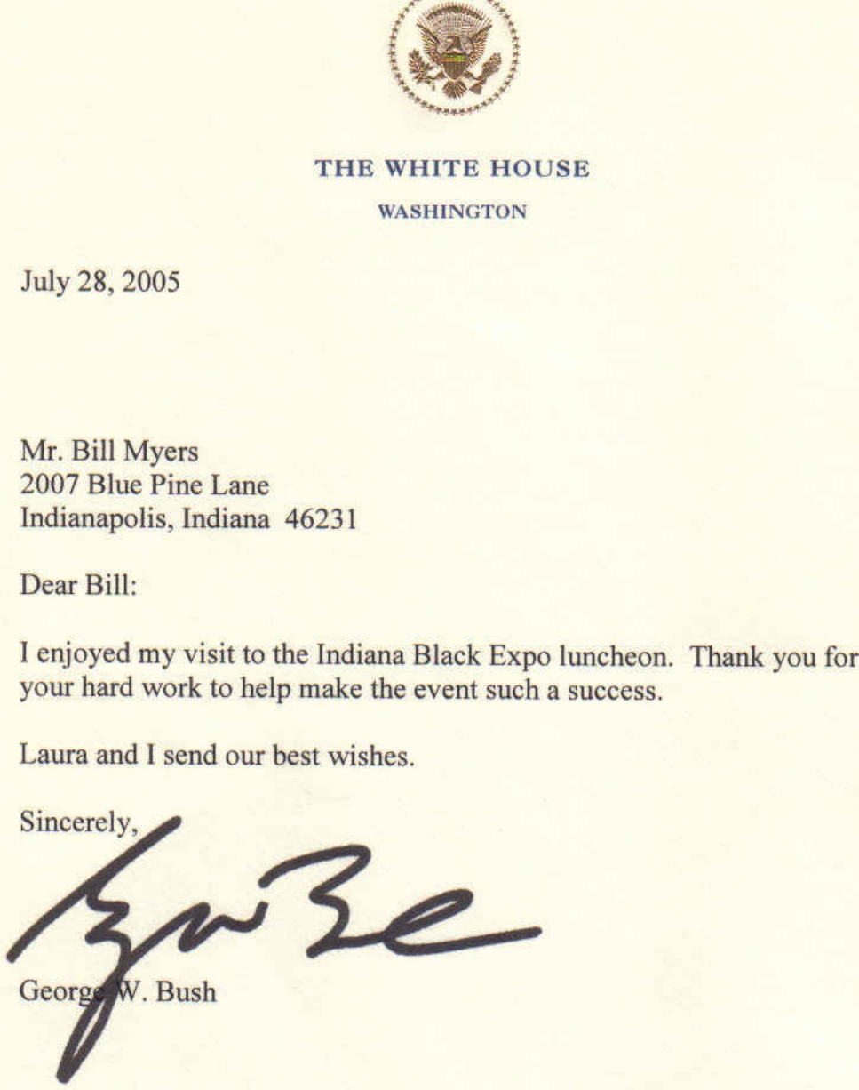 Letter from President George W. Bush to Bill Myers, July 28, 2005 — Presidential commendation for the Indiana Black Expo luncheon